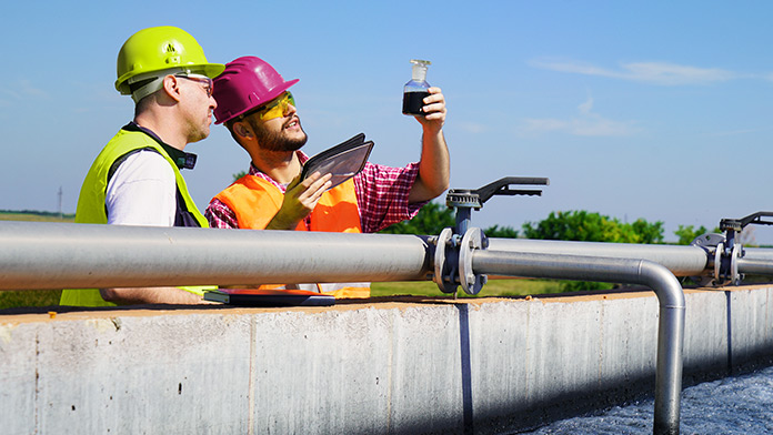 2 engineers checking water quality at a wastewater treatment plant
