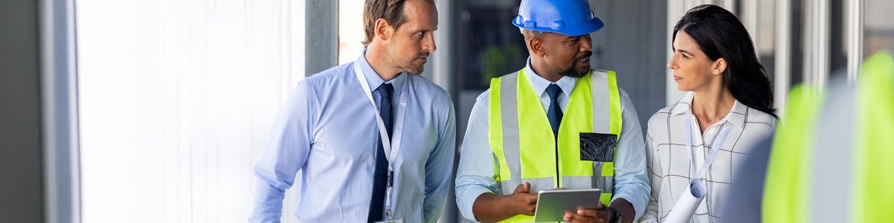 Ein Energieeffizienz-Experte mit blauem Bauarbeiterhelm, gelber Weste und Tablet im Gespräch mit einer Frau und einem Mann in Business-Kleidung.