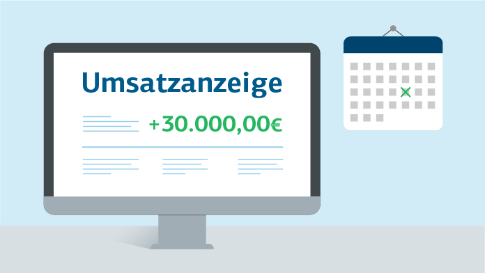 Grafik: Bildschirm mit Umsatzanzeige +30.000 Euro, daneben kalender mit angekreuztem Tag