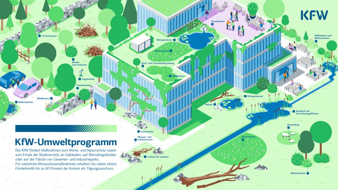 Grafik eines naturnah gestalteten Firmengebäudes, Infobox zum KfW-Umweltprogramm mit 60 % Tilgungszuschuss