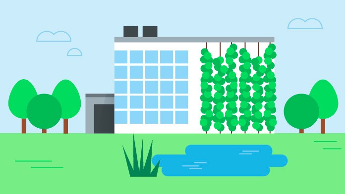 Grafik: Grünanlage mit Teich, Gebäude mit Fassadenbegrünung