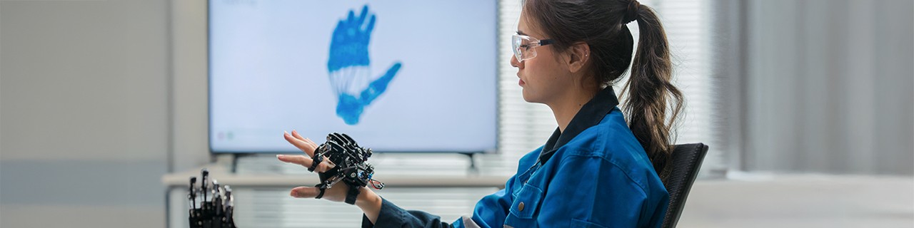 Eine Frau betrachtet ihre Hand, auf der sie eine Roboterhand trägt