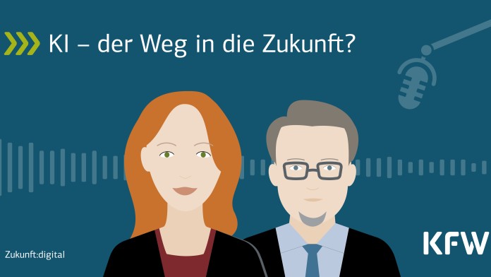 Grafik: Mann und Frau, Mikrofon, KfW-Logo, Text "KI - der Weg in die Zukunft?"