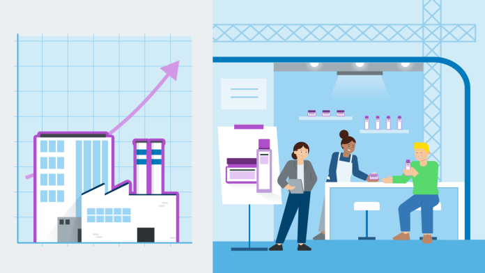Grafische Darstellung: links eine Fabrik mit wachsendem Diagramm im Hintergrund, rechts eine Szene in einem modernen Arbeitsumfeld mit drei Personen.