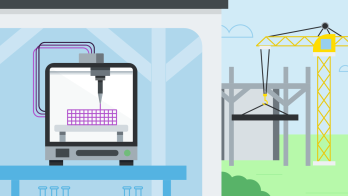 Grafische Darstellung: links ein moderner 3D-Drucker, rechts ein Kran vor einer Baustelle.