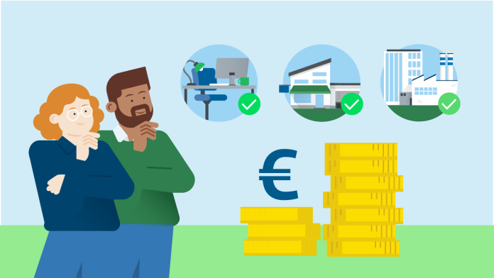 Grafische Darstellung von zwei Menschen vor Symbolen für förderfähige Maßnahmen.