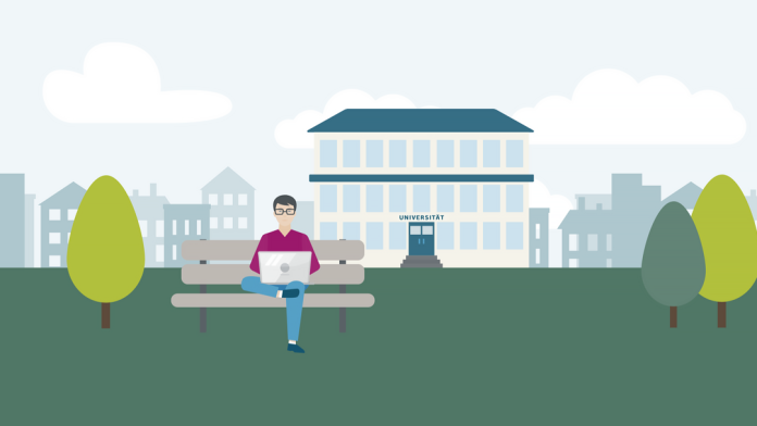 Darstellung eines Studenten, der mit Laptop und Maske auf einer Bank vor der Universität sitzt