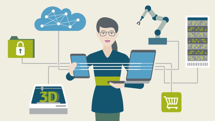 Grafische Darstellung einer Frau, die von Symbolen der Digitalisierung umgeben ist