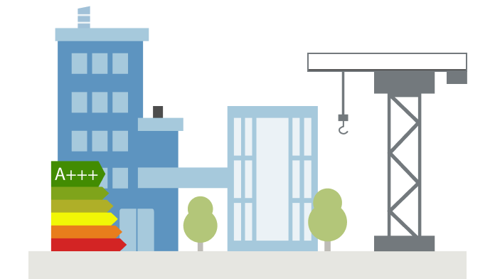 Grafik: Hochhäuser, Kran, Energiebilanz A+++