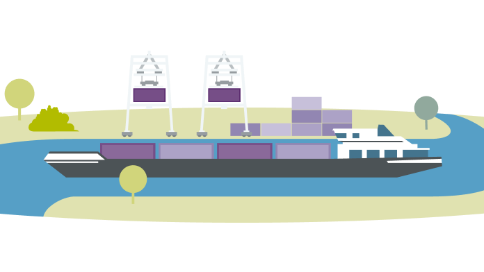 Grafik: Ein Schiff zur Güterbeförderung fährt einen Fluss entlang