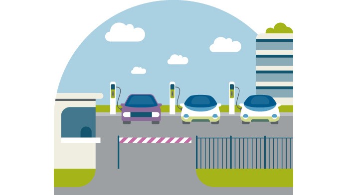 Grafik: Drei Elektroautos laden auf einem Parkplatz an Ladestationen