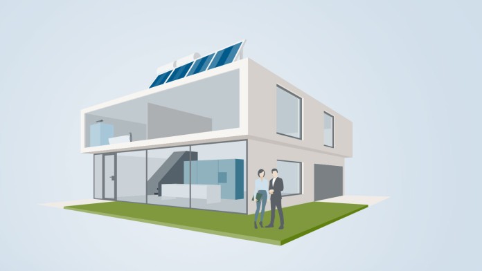 Moderner Neubau mit Photovoltaik- und Solarthermie-Anlage