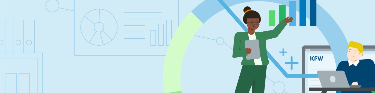 A graphic illustration of two people in front of various diagrams discussing the effects of impacts