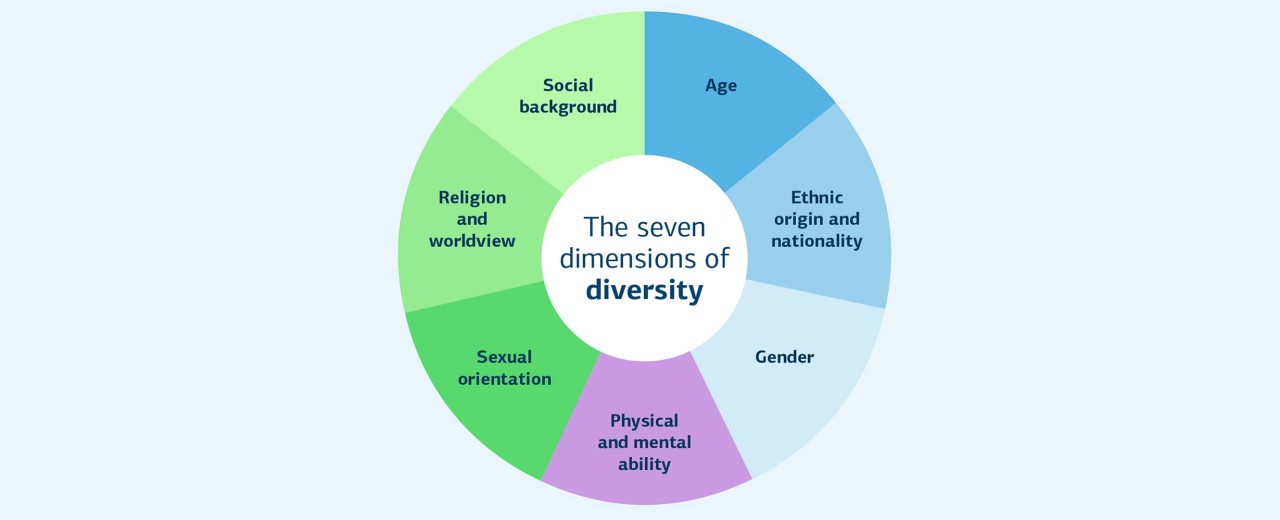 The 7 dimensions of diversity: age, ethnic origin and nationality, gender, physical and mental abilitiy, sexual orientation, religion and worldview, social background