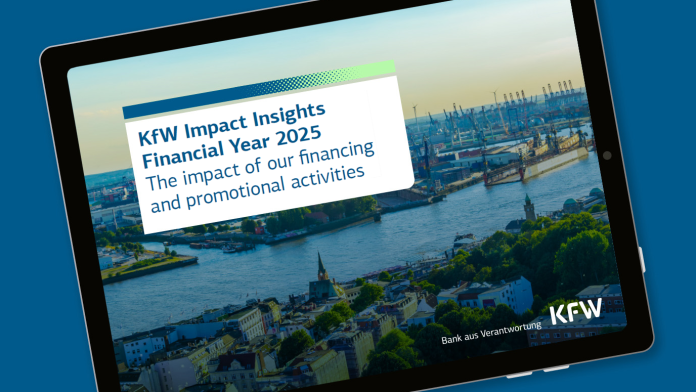 You can see an iPad showing the title of KfW's impact report of the financial year 2025.