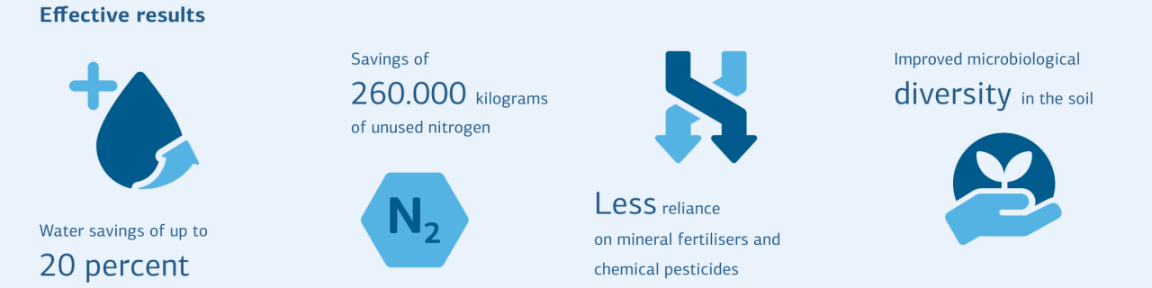 Graphic on the effective results: Water savings of up to 20 percent. Savings of 260,000 kilograms of unused nitrogen. Reduced dependence on mineral fertilizers and chemical pesticides. Improved microbiological diversity in the soil.