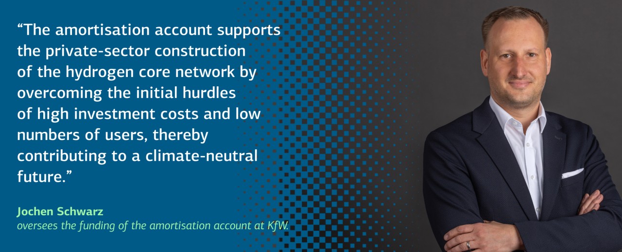 Quote Jochen Schwarz: The amortisation account supports the private-sector construction of the hydrogen core network by overcoming the initial hurdles of high investment costs and low numbers of users, thereby contributing to a climate-neutral future.