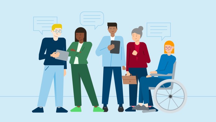 Dargestellt ist eine diverse Gruppe von Menschen verschiedener Hautfarbe, Geschlechts, teilweise mit Behinderung