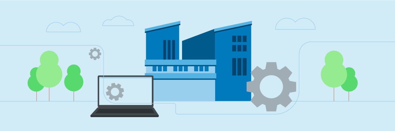 Dargestellt ist ein Notebook, Zahnräder, ein Verwaltungsgebäude und mehrere Bäume zur Darstellung der Zusammenhänge des Bankbetriebs