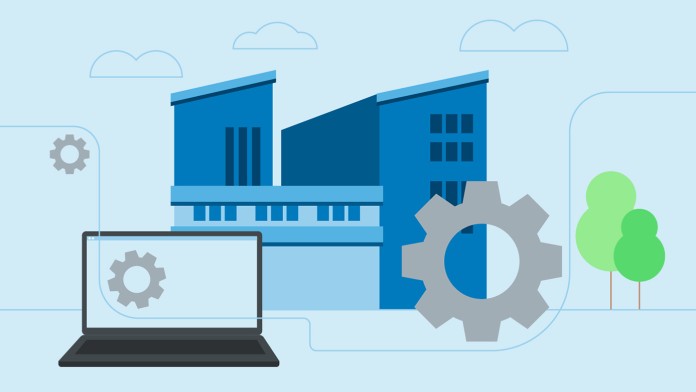 Dargestellt ist ein Notebook, Zahnräder, ein Verwaltungsgebäude und mehrere Bäume zur Darstellung der Zusammenhänge des Bankbetriebs