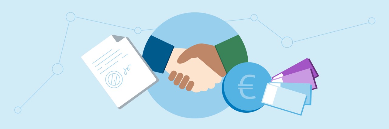 Dargestellt sind zwei Hände, die sich schütteln, Geldscheine und -münzen sowie ein Vertragsdokument zur Verdeutlichung eines Bankgeschäfts