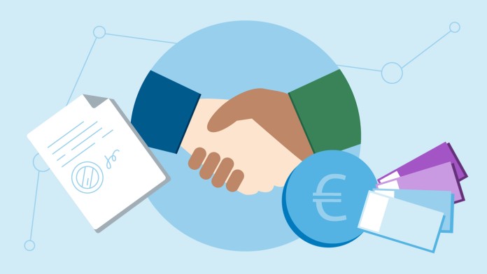 Dargestellt sind zwei Hände, die sich schütteln, Geldscheine und -münzen sowie ein Vertragsdokument zur Verdeutlichung eines Bankgeschäfts