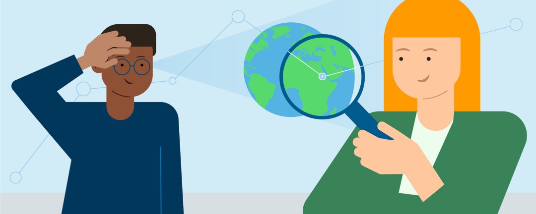 Dargestellt sind 2 Personen, die die Weltkugel durch eine Lupe betrachten.