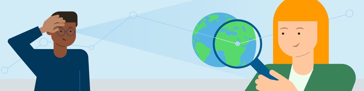 Dargestellt sind 2 Personen, die die Weltkugel durch eine Lupe betrachten.