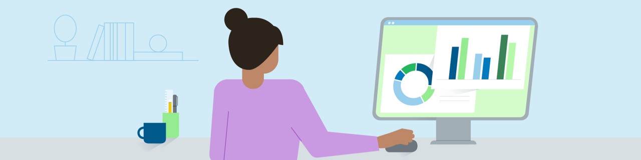 Dargestellt ist eine Person, die vor einem Bildschirm mit verschiedenen Grafiken sitzt.