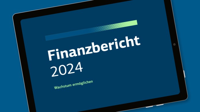 Dargestellt ist das Titelbild des KfW Finanzberichts auf einem Tablet