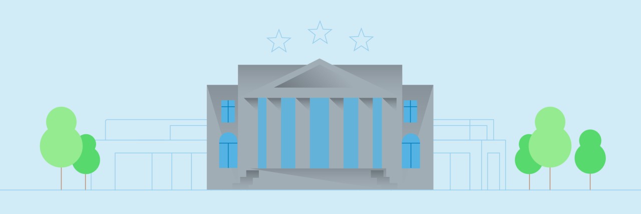 Dargestellt ist ein offizielles Gebäude mit Säulen, daneben stehen einige Bäume, darüber sind drei Sterne angeordnet, dargestellt werden soll Governance