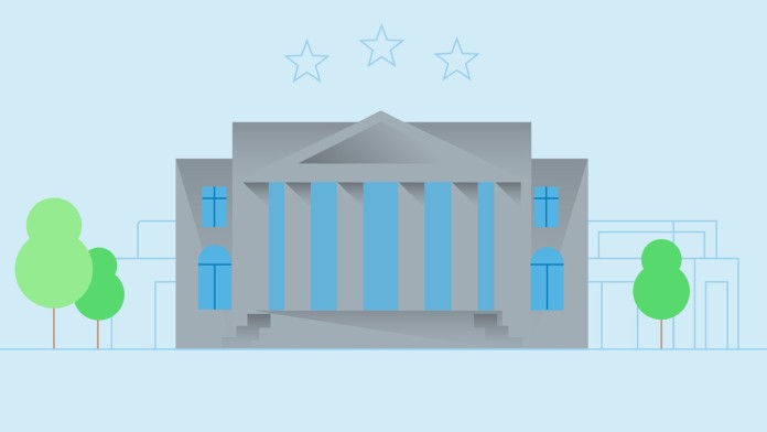 Dargestellt ist ein offizielles Gebäude mit Säulen, daneben stehen einige Bäume, darüber sind drei Sterne angeordnet, dargestellt werden soll Governance