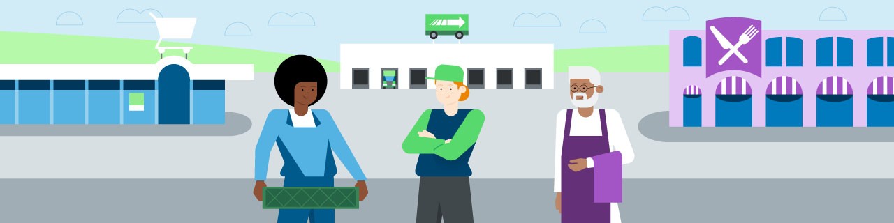 Three people involved in procurement stand in front of a supermarket, a logistics company and a restaurant. 