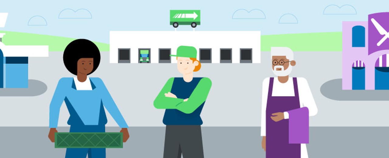 Three people involved in procurement stand in front of a supermarket, a logistics company and a restaurant. 