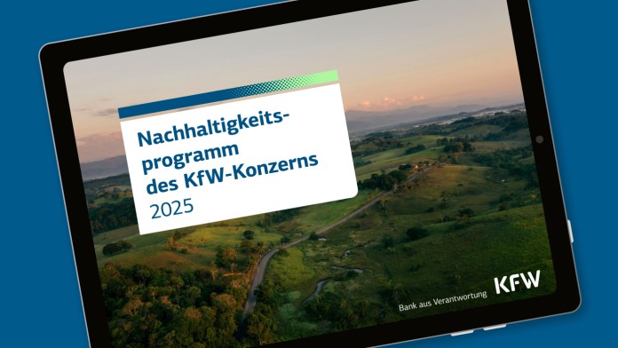 Titelbild des KfW Nachhaltigkeitsprogramms auf einem Tablet-Computer