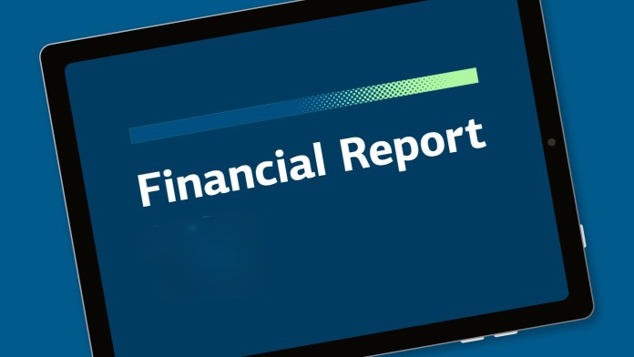 The cover image of the KFW financial report is displayed on a tablet.