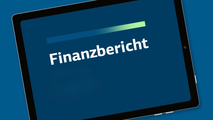 Dargestellt ist das Titelbild des KfW Finanzberichts auf einem Tablet