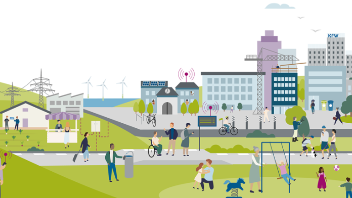 Animierte Illustration lebenswerten Wohnraums zum Jahresthema Nachhaltig in Stadt und Land