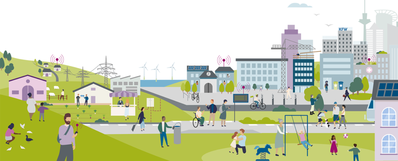 Animierte Illustration lebenswerten Wohnraums zum Jahresthema Nachhaltig in Stadt und Land 