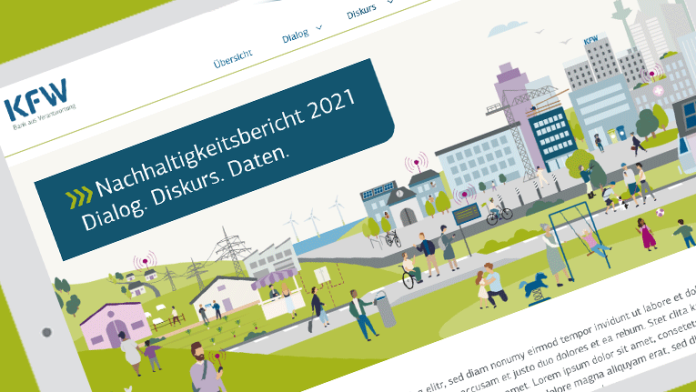 Illustration des Covers des Nachhaltigkeitsbericht 2021 der KfW auf einem Tablet. Jahresthema „Nachhaltig in Stadt und Land“: Ein Dorf wird durch eine Stromtrasse angebunden, es ist ein Acker mit Feldfrüchten angedeutet. Durch die begrünte Stadt führt ein Fahrradweg, ein Zug fährt in den Bahnhof, viele Gebäude sind mit Photovoltaikanlagen und Dachbegrünung versorgt, im Vordergrund spielen Kinder auf einem Spielplatz, rechts sind die Gebäude der KfW zu sehen, im Hintergrund befinden sich Offshore-Windräder. Das Bild vermittelt den Eindruck eines lebenswerten Wohnraums.