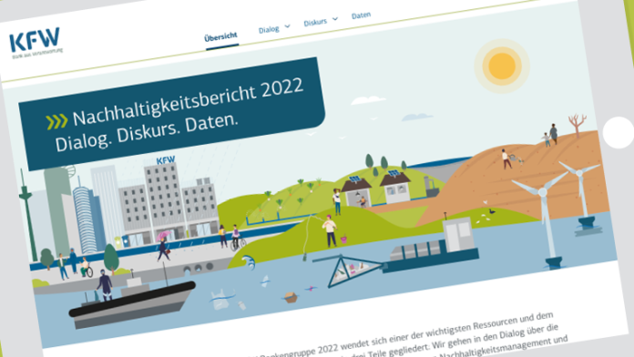 Grafik zum Nachhaltigkeitsbericht mit dem Jahresthema Wasser, abgebildet auf einem Tablet. Es sind ein Müllsammelboot, Offshore-Windräder und verschiedene Personen zu sehen. Im Hintergrund sieht man die Stadt Frankfurt und die KfW. 