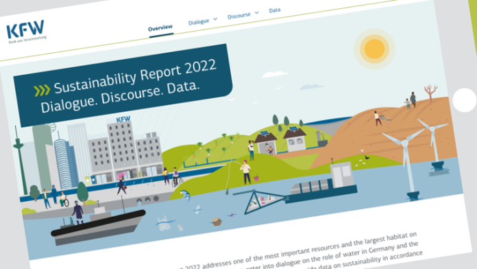 Graphic for the Sustainability Report with the annual theme of water, shown on a tablet. A waste collection boat, offshore wind turbines and various people can be seen. In the background you can see the city of Frankfurt and KfW. 