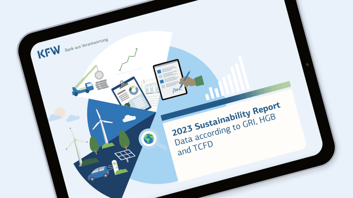 Cover image of the KfW Sustainability Report 2023 displayed on a tablet