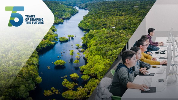 photo collage: river in the rainforest (left) and children learning with computers (rights)