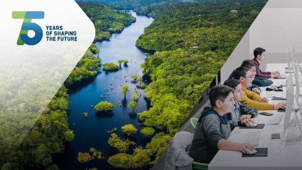photo collage: river in the rainforest (left) and children learning with computers (rights)