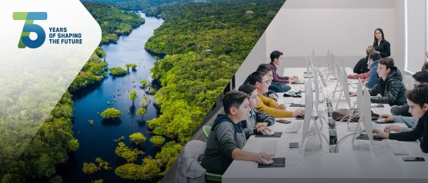 photo collage: river in the rainforest (left) and children learning with computers (rights)