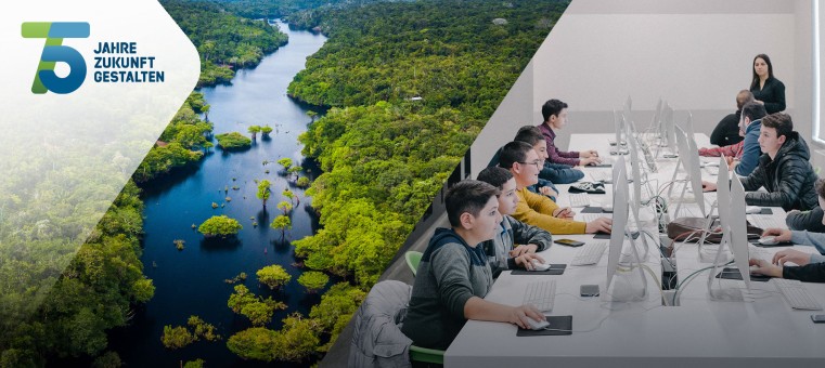 photo collage: river in the rainforest (left) and children learning with computers (rights)