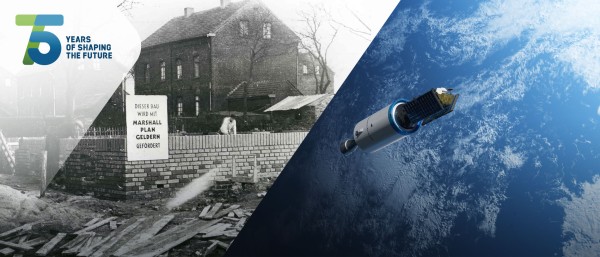 photo collage: historic photo of a house construction with a billboard refering to the Marshall Fund (left) and a space craft above planet earth (right)