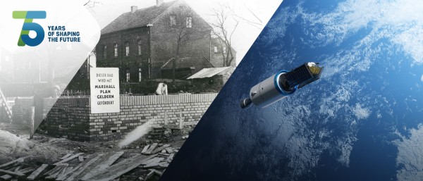 photo collage: historic photo of a house construction with a billboard refering to the Marshall Fund (left) and a space craft above planet earth (right)