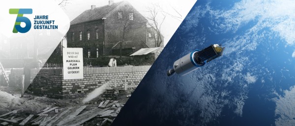 photo collage: historic photo of a house construction with a billboard refering to the Marshall Fund (left) and a space craft above planet earth (right)